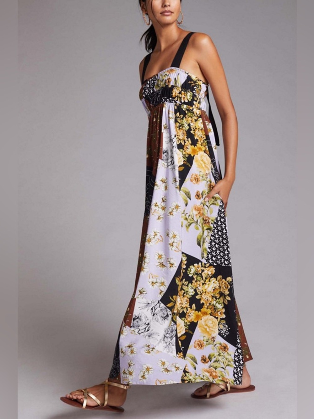 Maeve by Anthropologie Multi Floral Peasant Patchwork Maxi Dress Extra Small